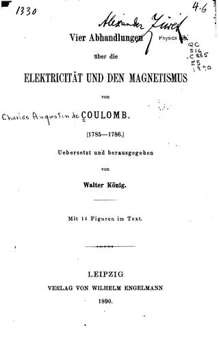 Cover for Vier Abhandlungen über die Elektricität und den Magnetismus, von Coulomb.  (1785-1786)
