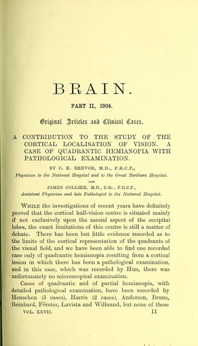Cover for A contribution to the study of the cortical localisation of vision