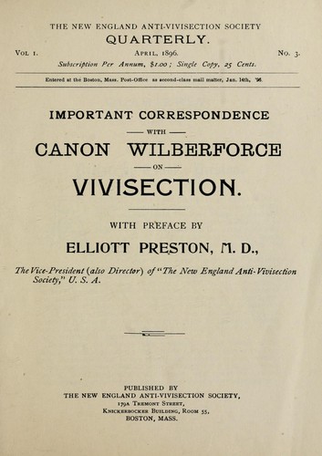 Cover for Important correspondence with Canon Wilberforce on vivisection