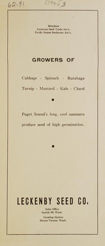 Cover for Leckenby Seed Co., growers of cabbage, spinach, rutabaga, turnip, mustard, kale, chard