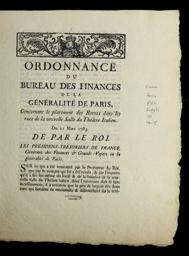 Cover for Ordonnance du Bureau des finances de la ge ne ralite  de Paris, concernant le placement des bornes dans les rues de la nouvelle salle du The a tre Italien