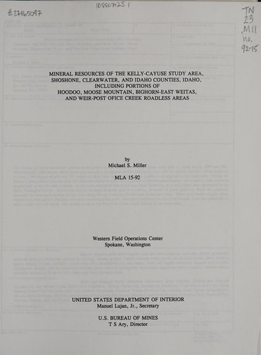 Cover for Mineral resources of the Kelly-Cayuse study area, Shoshone, Clearwater, and Idaho Counties, Idaho
