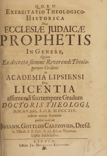 Cover for Exercitatio theologico-historica de ecclesiae Judaicae prophetis in genere