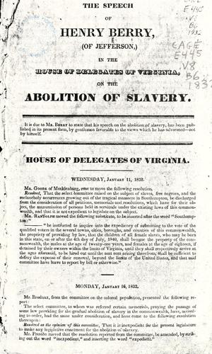 Cover for speech of Henry Berry, (of Jefferson,) in the House of Delegates of Virginia, on the abolition of slavery.