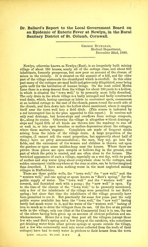 Cover for Dr. Ballard's report to the local government board on an epidemic of enteric fever at Newlyn, in the rural sanitary district of St. Columb, Cornwall