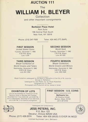 Cover for Jess Peters Incorporated, in conjunction with Bellisario Inc., auction 111, featuring the William H. Bleyer collection ... New York City ...
