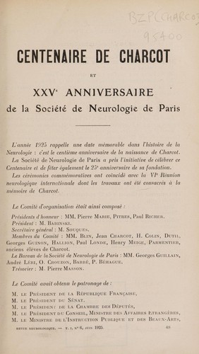 Cover for Centenaire de Charcot et 25e anniversaire de la Soci©♭t©♭ de Neurologie (de Paris)