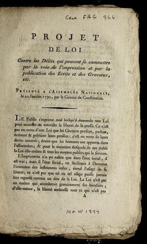Cover for Projet de loi contre les de lits qui peuvent se commettre par la voie de l'impression et par la publication des ecrits et des gravures, etc