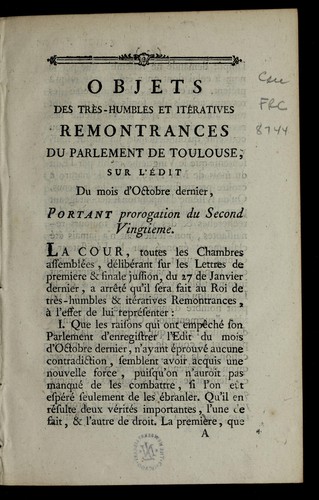 Cover for Objets des tr`es-humbles et ite ratives remontrances