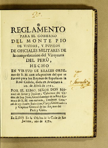 Cover for Reglamento para el gobierno del Monte pio de viudas, y pupilos de oficiales militares de la comprehension del vireynato del Perù