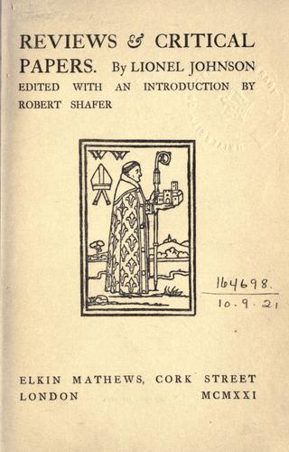 Cover for Reviews & critical papers. By Lionel Johnson