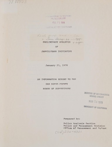 Cover for Preliminary analysis of Jarvis/Gann initiative