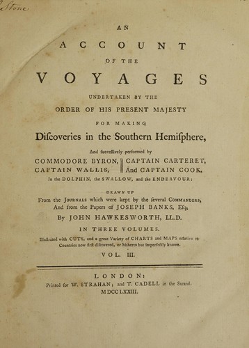 Cover for An account of the voyages undertaken by the order of His present Majesty for making discoveries in the Southern Hemisphere, and successively performed by Commodore Byron, Captain Wallis, Captain Carteret, and Captain Cook, in the Dolphin, the Swallow, and the Endeavor, drawn up from the journals kept by the several commanders, and from the papers of Joseph Banks, Esq