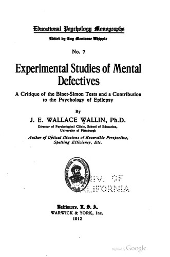 Cover for Experimental studies of mental defectives