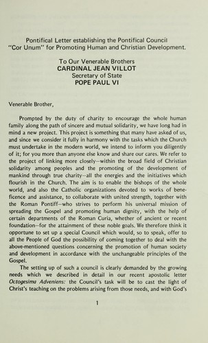 Cover for Pontifical letter establishing the Pontifical Council Cor Unum for Promoting Human and Christian Development, July 15, 1971