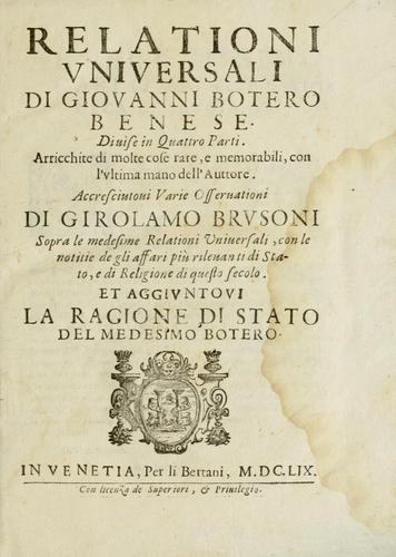 Cover for Relationi vniversali di Giovanni Botero Benese
