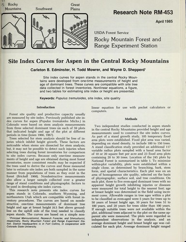 Cover for Site index curves for aspen in the central Rocky Mountains