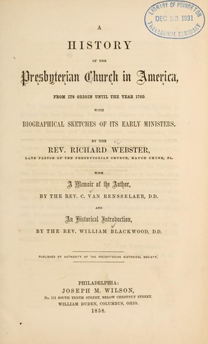 Cover for A history of the Presbyterian Church in America, from its origin until the year 1760