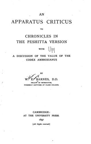 Cover for An apparatus criticus to Chronicles in the Peshitta version: with a ...