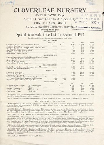 Cover for Special wholesale price list for season of 1932