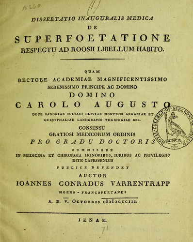 Cover for Dissertatio inauguralis medica de superfoetatione respectu ad Roosii libellum habito ...