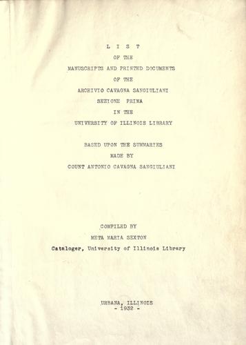 Cover for List of the manuscripts and printed documents of the Archivio Cavagna Sangiuliani, sezione prima, in the University of Illinois Library