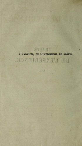 Cover for TraitÃ© de l'expÃ©rience en gÃ©nÃ©ral, et en particulier dans l'art de guÃ©rir ...