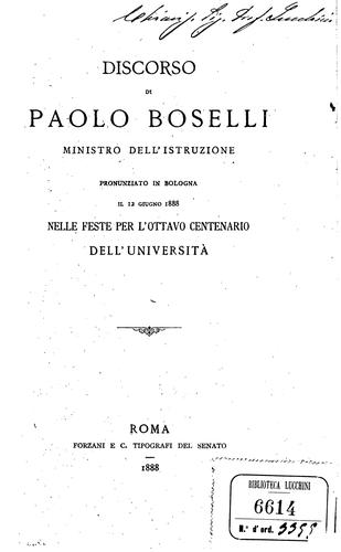 Cover for Discorso pronunziato in Bologna il 12 giugno 1888 nelle feste per l'ottavo centenario dell ...
