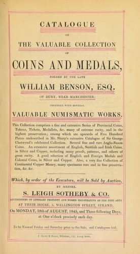 Cover for Catalogue of the valuable collection of coins and medals, formed by the late William Benson, Esq., of Bury, near Manchester, together with several valuable numismatic works ...