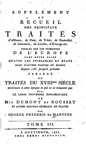 Cover for Recueil des principaux traités d'alliance, de paix, de trève ...: conclus ...