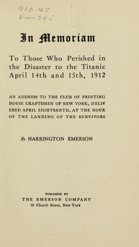 Cover for In memoriam to those who perished in the disaster to the Titanic April 14th and 15th, 1912