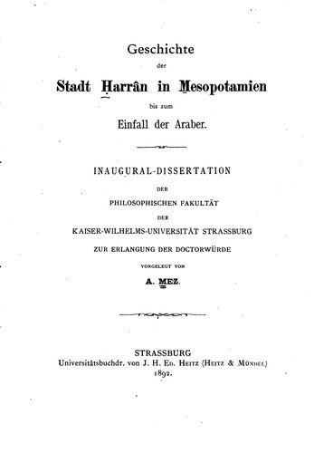 Cover for Geschichte der Stadt Ḥarrân in Mesopotamien bis zum Einfall der Araber