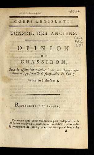 Cover for Opinion de Chassiron sur la résolution relative à la contribution mobilière, personnelle & somptuaire de l'an 7