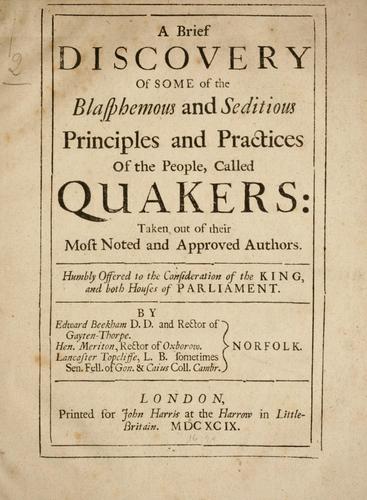 Cover for A brief discovery of some of the blasphemous and seditious principles and practices of the people, called Quakers