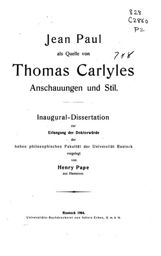 Cover for Jean Paul als Quelle von Thomas Carlyles Anschauungen und Stil