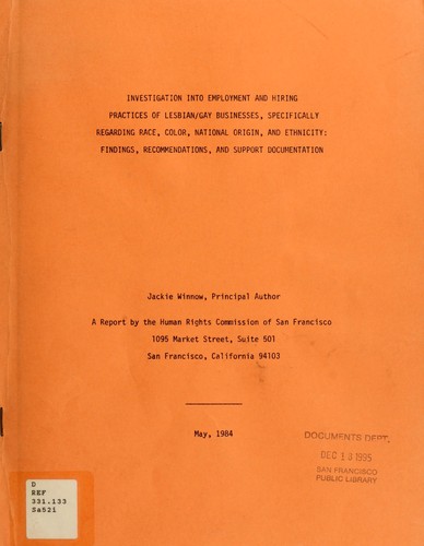 Cover for Investigation into employment and hiring practices of lesbian/gay businesses, specifically regarding race, color, national origin, and ethnicity
