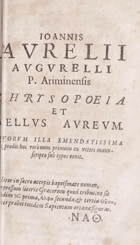 Cover for Ioannis Aurelij Augurelli P. Ariminensis Chrysopoeia et Vellus aureum.