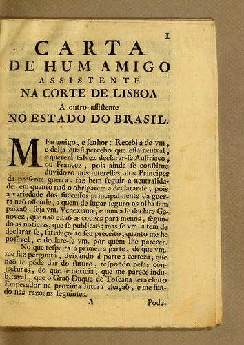 Cover for Carta de hum amigo, assistente na corte de Lisboa, a outro assistente no estado do Brasil