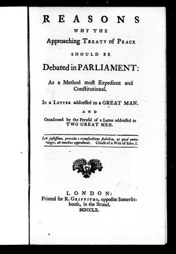 Cover for Reasons why the approaching treaty of peace should be debated in Parliament as a method most expedient and constitutional