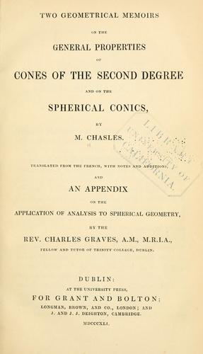 Cover for Two geometrical memoirs on the general properties of cones of the second degree, and on the spherical conics