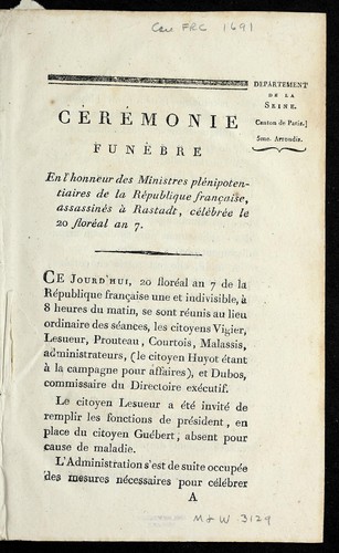 Cover for Ce re monie fune  bre en l'honneur des ministres ple nipotentiaires de la Re publique franc ʹaise assassine s a   Rastadt
