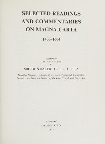 Cover for Selected readings and commentaries on Magna Carta 1400-1604