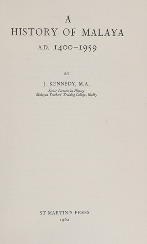 Cover for A history of Malaya, A.D. 1400-1959