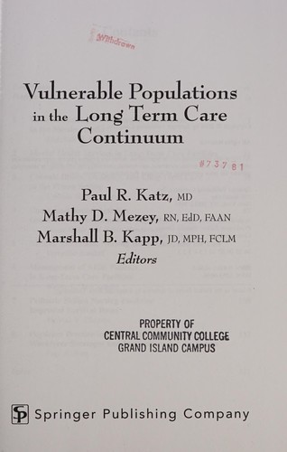 Cover for Vulnerable populations in the long term care continuum