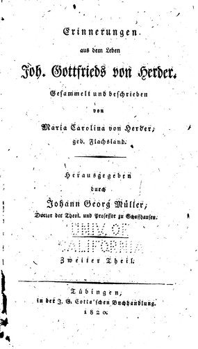 Cover for Erinnerungen aus dem Leben Joh. Gottfrieds von Herder.