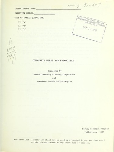 Cover for Community needs and priorities, survey research program - fall/einter 1975