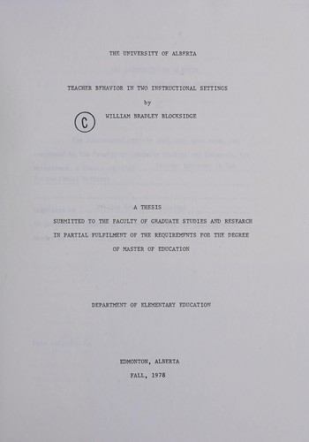 Cover for Teacher behavior in two instructional settings