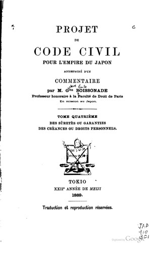 Cover for Projet de code civil pour l'empire du Japon