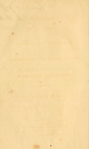 Cover for An oration delivered June 21, 1809, on the day of the author's induction into the office of Bartlet Professor of Pulpit Eloquence, in the Divinity College at Andover
