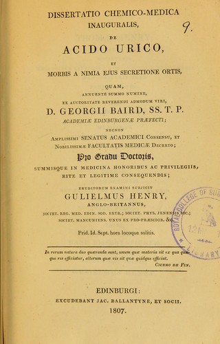 Cover for Dissertatio chemico-medica inauguralis, de acido urico, et morbis a nimia ejus secretione ortis ...
